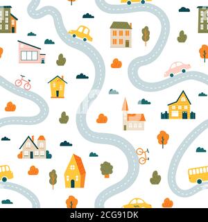 Stadtplanmuster. Nahtlose nette Stadtlandschaft Karte, minimalistische Häuser, Bäume und Autos, einfache Hand gezeichnete Straßen Vektor Hintergrund Illustration Stock Vektor