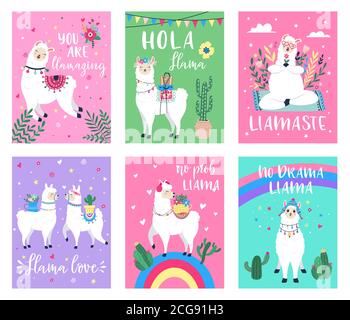 Llama niedlichen Poster. Alpaca Grußkarten mit Inspiration Zitate, handgezeichnete ethnische bunte peruanischen Lamas Poster Vektor Illustration Set Stock Vektor