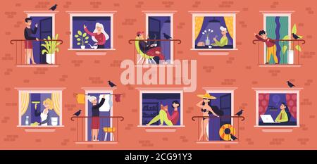 Menschen im Fenster. Nachbarn Zeichen kommunizieren, männliche und weibliche Menschen in Fensterrahmen, Nachbarn Alltag Vektor-Illustration gesetzt Stock Vektor