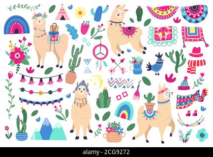 Mexikanische niedliche Lamas. Lama und peruanischen Alpaka Wildtiere, lustige Lamas Zeichen und Peru ethnischen Symbole Vektor Illustration Icons gesetzt Stock Vektor