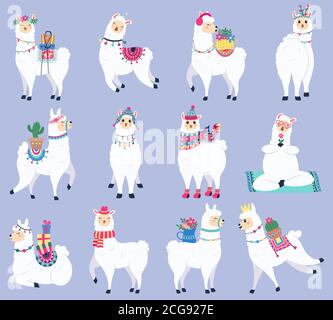 Niedliches Lama. Mexikanische flauschige Alpaka, Peru Tierwelt lustige Tierfiguren, handgezeichnete Lama und Alpaka isoliert Vektor-Illustration Symbole gesetzt Stock Vektor