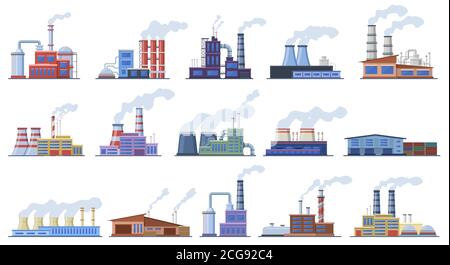 Fabrikgebäude. Industrie Lager und Kraftwerk, Fertigung Fabrik Gebäude Architektur außen Vektor Illustration Symbole gesetzt Stock Vektor