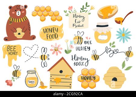 Niedliche Honig Symbole. Handgezeichnetes Honigglas, Honigwabe und Bieneninsekten, lustige Honig Doodle Bienenzucht Farm isoliert Vektor-Illustration-Set Stock Vektor