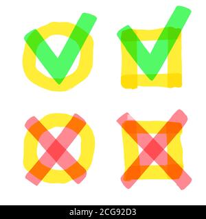 Markierungsmarkierungen hervorheben. Markierungszeichen, Markierungslogo der Checkliste prüfen und kreuzen, Markierungsvektorsymbole ablehnen und akzeptieren Stock Vektor