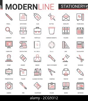 Schreibwaren dünne rote schwarze Linie Symbol Vektor Illustration Set. Linear Schule und Büro liefert Symbole Sammlung mit Stift Bleistift Schere Ordner Kleber Rechner Kalender Notizbuch Buch Ordner Stock Vektor