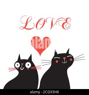 Helle fröhliche Grußkarte mit einem liebevollen Porträt von Katzen zum Valentinstag. Lustige Katzen in Liebe mit Herzen für den Urlaub. Stock Vektor