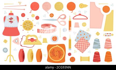 Handgefertigte Handarbeiten. Näh- und Strickwerkzeuge, kreative Hobby Nähmaschine, Scheren, Knöpfe und Spulen isoliert Vektor-Illustration-Set Stock Vektor