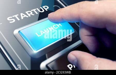 Fingerdruck auf eine Schnittstelle mit dem Text Startup . Geschäftskonzept Makro Foto. Stockfoto