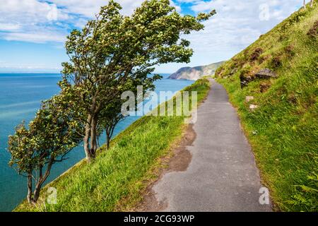 Blick auf den South West Coast Path in Richtung Lynmouth an der North Devon Küste. Stockfoto