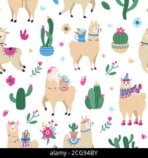 Lama und Kaktus Muster. Nette nahtlose Hand gezeichnet mexikanischen Alpaka mit Wüste Kakteen, peruanischen ethnischen Vektor Hintergrund Illustration Stock Vektor