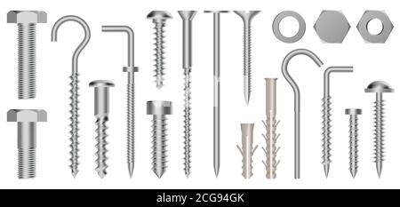 Realistische 3d Schrauben und Schrauben. Hardware Edelstahl Schrauben, Schrauben, Schrauben, Muttern und Ösen Haken, Metall-Befestigungsgetriebe isoliert Vektor Illustration Set Stock Vektor