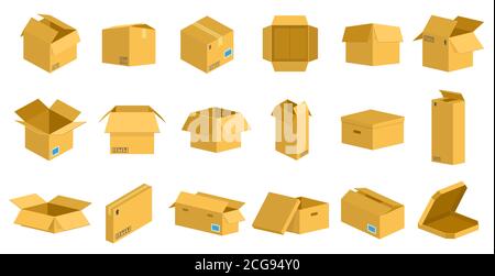 Aufbewahrung von Kartons. Verpackung Lieferung Pappkarton, braune Postpaket Paket, offene und geschlossene Recycling-Boxen Vektor-Illustration-Set Stock Vektor
