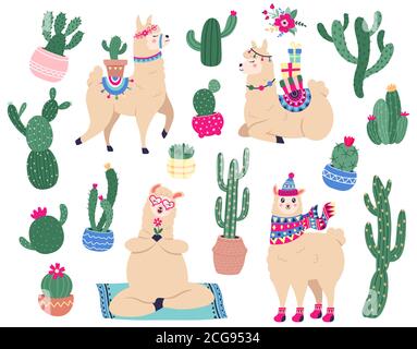 Lamas und Kaktus. Mexikanische niedliche Alpaka mit Wüstenpflanzen, lustige peruanische Lama-Zeichen mit Sukkulenten und Kaktus-Vektor-Illustration-Set Stock Vektor