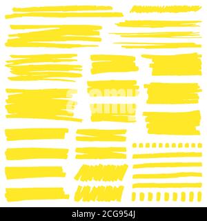 Gelber Markierungsstrich. Markierungslinien hervorheben, helle permanente Markierungszeichnung, Markierungslinien für Doodle hervorheben Vektordarstellung Zeichenset Stock Vektor