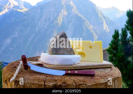 Käsesammlung, French emmental, Tomme und Reblochon de savoie Käse serviert im Freien in der Region Savoyen, mit Alpengipfel im Sommer auf Bac Stockfoto