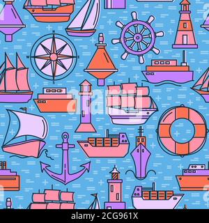 Marine nahtlose Muster mit Schiff Symbole in farbigen Linien Stil Stock Vektor