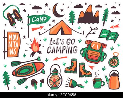 Camping Outdoor-Elemente. Sommercamp, Wandern Erholung Zeichen, Kajak, Rucksack und Zelt, Reise Doodle Ausrüstung Vektor Illustration Icons set Stock Vektor