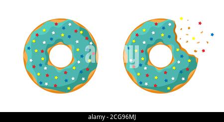 Cartoon bunte lecker Donut ganze und gebissen gesetzt isoliert auf weißem Hintergrund. Grün türkis glasierte Donut Draufsicht für Kuchen Café Dekoration oder Bäckerei Menü Design. Vektorgrafik flach Stock Vektor