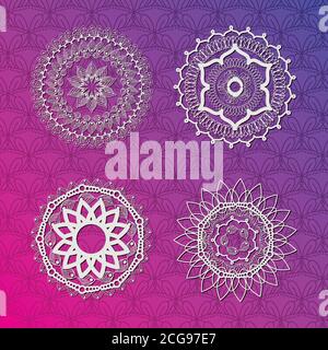 Set von weißen Mandalas auf lila Verlauf Hintergrund Vektor-Design Stock Vektor