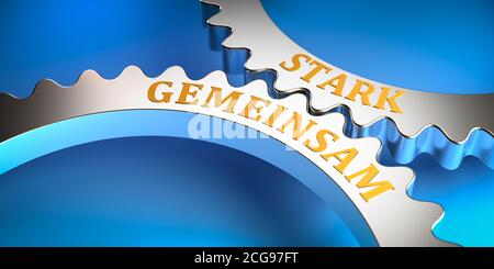 Konzept: Ausdruck "zusammen" in deutscher Sprache auf ineinandersitzenden Zahnrädern. Metapher Stockfoto