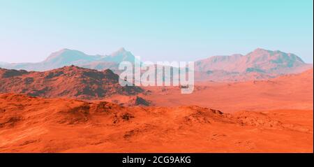 Marslandschaft, 3d-Rendering von imaginärem mars-Planeten-Gelände, Science-Fiction-Illustration. Stockfoto