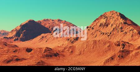 Marslandschaft, 3d-Rendering von imaginärem mars-Planeten-Gelände, Science-Fiction-Illustration. Stockfoto