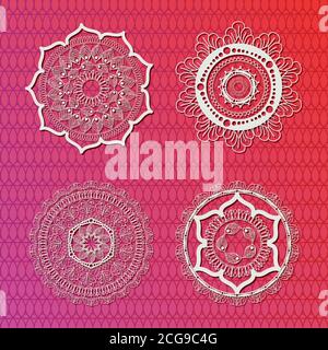 Set von weißen Mandalas auf rosa Verlauf Hintergrund Vektor-Design Stock Vektor