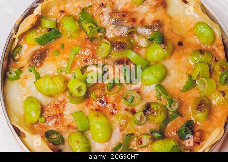 Traditionelle hausgemachte italienische Lasagne, isoliert auf weißem Hintergrund. Stockfoto