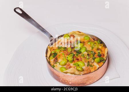 Traditionelle hausgemachte italienische Lasagne, isoliert auf weißem Hintergrund. Stockfoto