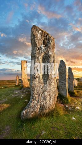 .Calanais Neolithischer stehender Stein (Tursachan Chalanais), Isle of Lewis, Äußere Hebriden, Schottland. Stockfoto