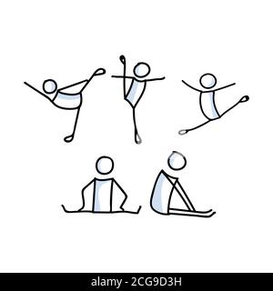 Handgezeichnetes Stickman Ballett Tänzer Stretch Set Konzept. Einfache Umriss Ballerina Figur Doodle Symbol Cliparts. Für Tanzstudio oder Theater-Performer Stock Vektor