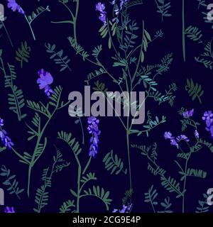 Florales Nahtloses Muster mit verschiedenen Blüten und Blättern. Botanische Illustration handbemalt. Textildruck, Stoffmuster, Geschenkpapier. Stock Vektor