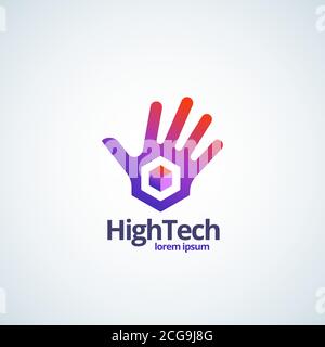 High Technology Absstract Vektor-Zeichen, Symbol oder Logo-Vorlage. Handhand mit Würfelgradient-Symbol mit moderner Typografie. Stock Vektor