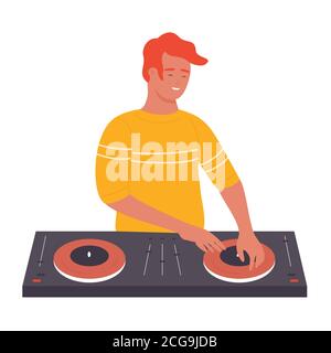 DJ junge stilvolle Mann auf musikalische Party Vektor Illustration. Cartoon flache männliche DJ-Figur mit Plattenspieler-Mixer macht zeitgenössische Musik in Nachtclub, Spinning Disc isoliert auf weißem Hintergrund. Stock Vektor