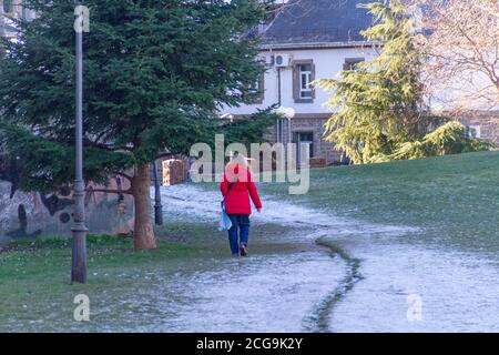 Frau in einem roten Mantel geht auf dem Schnee Das hat begonnen, auf den Parkweg zu fallen Stockfoto