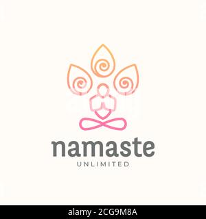 Yoga Namaste Konzept Abstrakt Vektor Linear Stil Zeichen oder Logo-Vorlage. Meditierende Person Silhouette mit grenzenlosem Symbol und Typografie. Stock Vektor