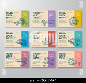 Premium-Qualität Seafood Labels Collection. Abstraktes Vektor-Verpackungsdesign. Moderne Typografie und handgezeichnete Krabben, Garnelen, Weichtiere und Tintenfisch Skizze Stock Vektor