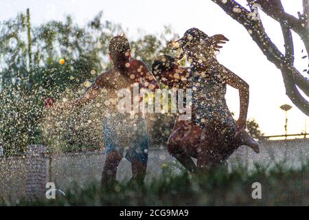 Silhouetten von Kindern, die mit dem Wasser spielen, das kommt Aus den Sprinklern einen Garten mit dem zu bewässern Sonne gegen das Licht, das im dr reflektiert wird Stockfoto