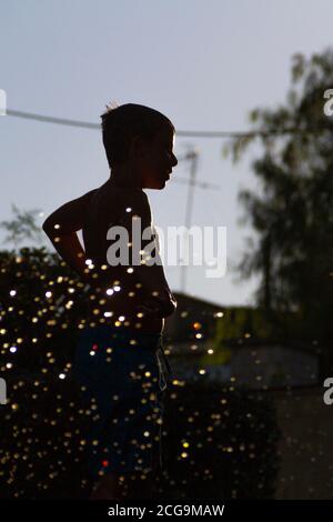 Silhouetten von Kindern, die mit dem Wasser spielen, das kommt Aus den Sprinklern einen Garten mit dem zu bewässern Sonne gegen das Licht, das im dr reflektiert wird Stockfoto