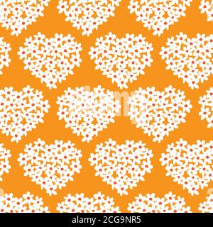 Vektor orange Spaß Gänseblümchen Blumen gefüllt Herzform wiederholen Muster mit orangen Zentrum. Geeignet für Textil, Geschenkpapier und Tapeten. Stock Vektor