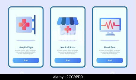 Medical Symbol Krankenhaus Zeichen Medical Store Herzschlag für mobile Apps Vorlage Banner-Seite UI mit drei Variationen modernen flachen Farbstil. Stock Vektor