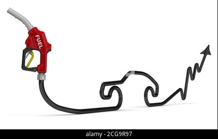 Die Grafik des Wachstums der Benzinpreise. Rote Tankdüse mit Schlauch in Form eines wachsenden Diagramms. Isoliert. 3D-Illustration Stockfoto