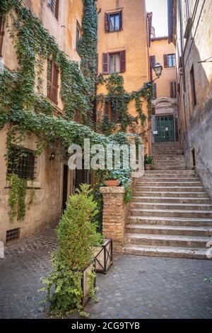Blick auf die alte gemütliche Straße, Treppen nach oben in Rom, Italien. Stockfoto