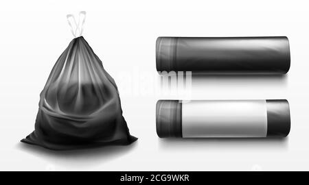 Schwarze Plastiktüte für Müll, Müll und Müll. Vector realistische Mockup von Polyethylen-Müllbeutel in Rolle und voller Abfälle. Gefundener Sack mit Müll isoliert auf transparentem Hintergrund Stock Vektor