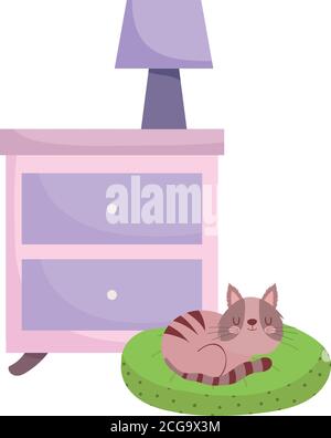 Beistelltisch mit Lampe und Katze schlafen in Kissen isoliert Entwerfen Sie Vektorgrafik mit weißem Hintergrund Stock Vektor