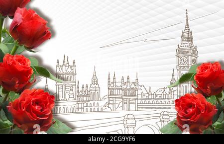 City London, England, Big Ben Vektor und rote Rosen auf weißem abstrakten Hintergrund Stockfoto