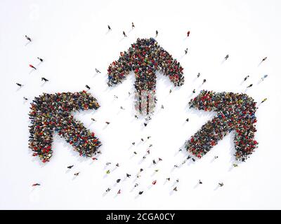 Menschenmenge bilden drei Pfeile, die in drei verschiedene Richtungen gehen. 3D-Rendering Stockfoto