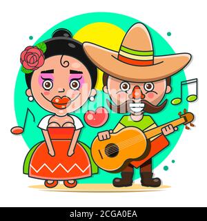 Mexikanische Musiker Vektor-Illustration in einheimischen Kleidung und Sombreros flach vektor Stock Vektor