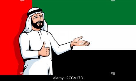 Araber Daumen nach oben auf VAE Flagge Hintergrund Stock Vektor