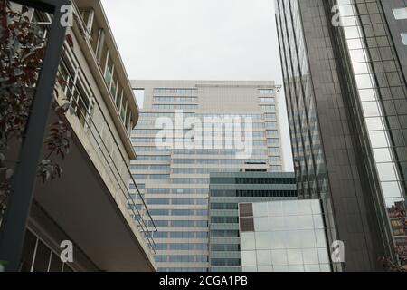 Ein Ausschnitt aus mehreren hohen, modernen Firmengebäuden, die sich zusammen konzentrierten. Das Foto wird in einem niedrigen Betrachtungswinkel aufgenommen. Stockfoto